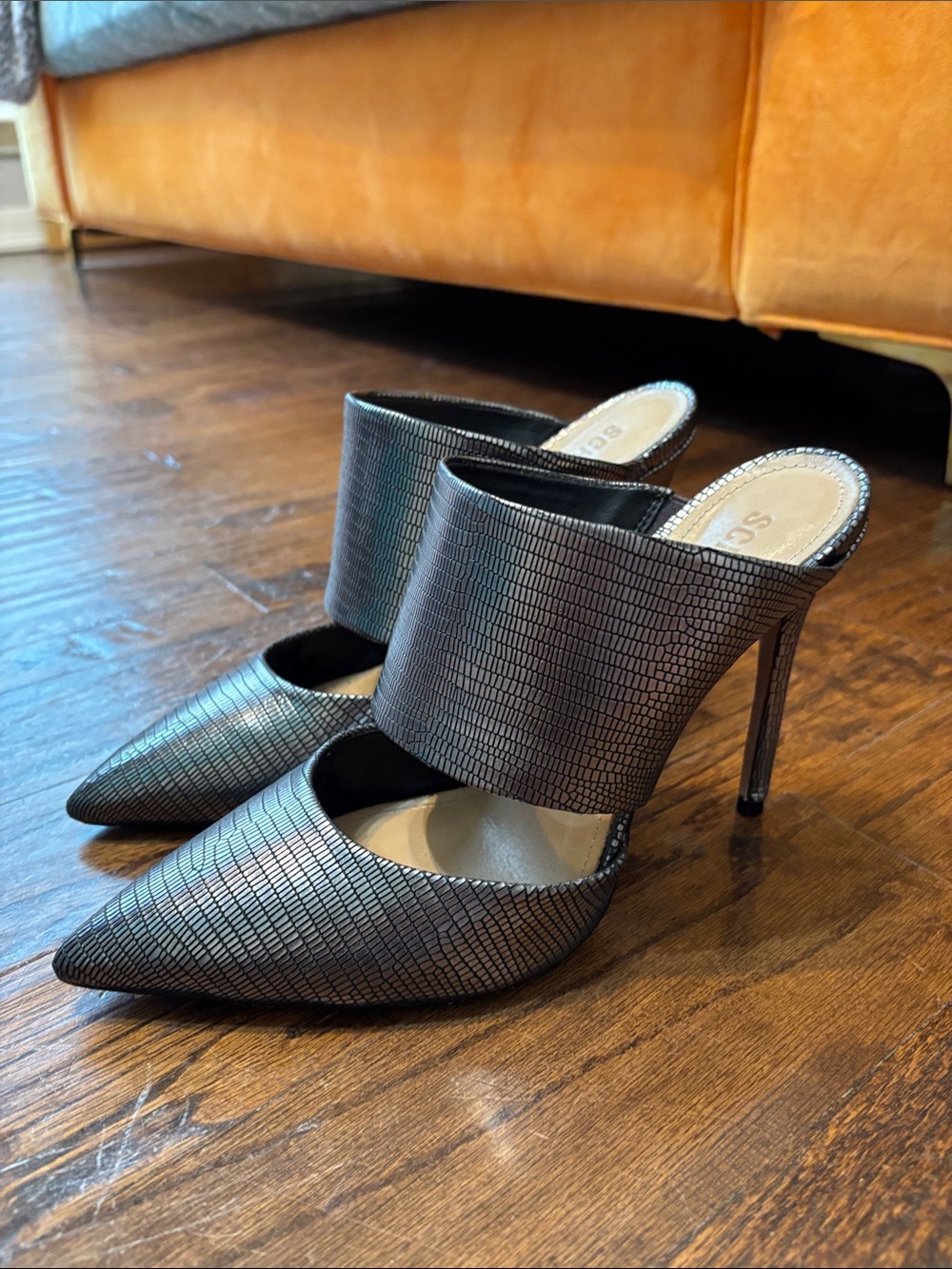 SCHUTZ Metallic Silver Pointed Toe Mule Heels